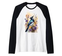 Camisa Blue Jay Hermoso pájaro azul con flores moradas Camiseta Manga Raglan