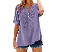 Camisa bohemia con cuello en V para mujer, manga corta, casual, ajuste holgado, bordado de verano, para playa, vacaciones, uso diario, Morado (, S