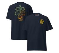 Camisa bordada del gremio de caza negra, camiseta de algodón con escudo dorado y espalda estampada de legado, ropa inspirada para el uso diario o los fanáticos del cosplay de la fantasía, azul marino