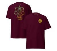 Camisa bordada del gremio de caza negra, camiseta de algodón con escudo dorado y espalda estampada de legado, ropa inspirada para el uso diario o los fanáticos del cosplay de la fantasía, rojo (Maroon