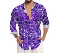 Camisa Brillante Hombre-Camisa Carnaval Hombre Camisa De Fiesta con Estampado De Lentejuelas Brillantes, Manga Larga, Informal, Abotonada, para Celebraciones De Festivales (Purple, L)