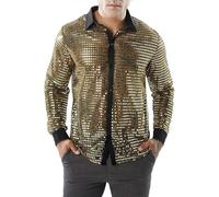 Camisa Brillante para Hombres, Lentejuelas de Manga Larga 70 los años 80 Camisa Disfraces Disco, Camiseta de Baile Brillante botón Retro, Tops Frontales Malla Transparente para Fiesta Club Nocturno