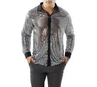 Camisa Brillante para Hombres, Lentejuelas de Manga Larga 70 los años 80 Camisa Disfraces Disco, Camiseta de Baile Brillante botón Retro, Tops Frontales Malla Transparente para Fiesta Club Nocturno