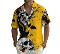 Camisa Calaveras Hombre Camisa Hawaiana Vikingo Gotico Manga Corta Botones