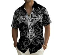 Camisa Calaveras Hombre Camisa Hawaiana Vikingo Gotico Manga Corta Botones