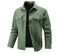Camisa cargo para hombre, de manga larga, elástica, para tiempo libre, monocolor, de secado rápido, camiseta deportiva, ligera, con botones, camisa de trabajo, camisa funcional para exteriores, verde