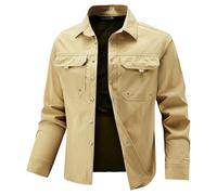 Camisa cargo para hombre, de manga larga, elástica, para tiempo libre, monocolor, de secado rápido, camiseta deportiva, ligera, con botones, camisa de trabajo, camisa funcional para exteriores, caqui