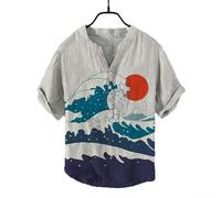 Camisa casual con botones para hombre, manga corta, cuello en V, estampado 3D, arte hawaiano, ajuste holgado, para vacaciones, viajes, verano, playa, longitud regular (2XL D)