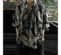 Camisa casual con botones para hombre, manga corta, estampado de hojas tropicales, camisa de poliéster para vacaciones y playa, diseño de moda de verano, ajuste regular para hombres (M negro)