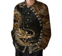 Camisa Casual de Hombre con Cuello de Solapa Manga Larga con dragón Impreso en 3D Ajuste Regular Blusa con Botones