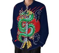 Camisa Casual de Hombre con Cuello de Solapa Manga Larga con dragón Impreso en 3D Ajuste Regular Blusa con Botones