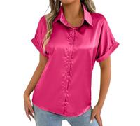 Camisa casual de hombre con cuello en V y botones de manga larga con parte delantera abierta para primavera, verano, uso diario y vacaciones, con detalle de puño, Rosa intenso., M