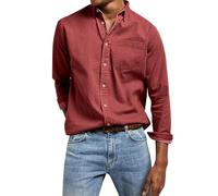 Camisa casual de manga larga con botones para hombre, estilo vestido de solapa, tela lavada vintage, sin arrugas, equipada con bolsillo para uso diario, rosso, S