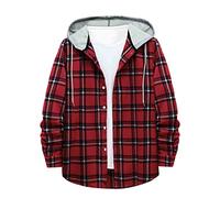 Camisa casual de manga larga con estampado a cuadros para hombre de otoño e invierno con capucha y cuello largo, rosso, S