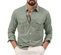 Camisa casual de negocios para hombre, manga larga, lisa, ligera, ajuste regular, con botones, cuello alto, con dos bolsillos, casual, a la moda, ajuste clásico, blusa vintage para primavera y verano,