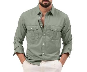 Camisa casual de negocios para hombre, manga larga, lisa, ligera, ajuste regular, con botones, cuello alto, con dos bolsillos, casual, a la moda, ajuste clásico, blusa vintage para primavera y verano,