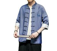 Camisa casual de poliéster de manga corta para hombre, estilo chino, cuello alto, botón de rana, color liso, manga corta, para hombre, azul, XS