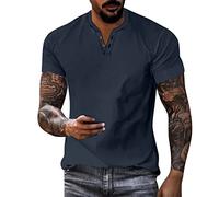 Camisa casual de verano para hombre, blusa de algodón y lino, manga corta, cuello bajo, botón de la moda, azul oscuro, L