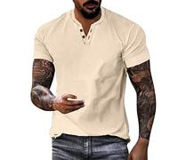 Camisa casual de verano para hombre, blusa de algodón y lino, manga corta, cuello bajo, botón de la moda, beige, M