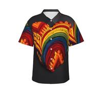 Camisa casual de verano para hombre, diseño de bandera de amor, estilo hawaiano, manga corta, para vacaciones, S-3XL, Negro, 3XL