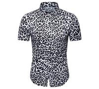 Camisa Casual Hombre Manga Corta Verano Estampado De Leopardo Camisa para Hombre Ajustada con Botones Verano Tapeta Cuello Hombre Shirt Vintage Hombre Negocios Camisa A-White L