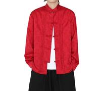Camisa china para hombre de color liso Tang Button Down Camisetas Cuello Alto Manga Larga Vintage Top Kung Fu Tai Chi Top Nacional Disfraces Moda Streetwear Camisa de manga larga Camisa Casual, rojo