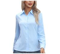 Camisa con botones para mujer, casual, color liso, manga larga, con solapa, ajuste clásico, para negocios, trabajo, oficina, elegante, formal, básica, ligera, ropa de otoño, Azul 1, S