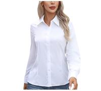 Camisa con botones para mujer, casual, color liso, manga larga, con solapa, ajuste clásico, para negocios, trabajo, oficina, elegante, formal, básica, ligera, ropa de otoño, Blanco 1, 5XL