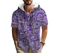 Camisa con Capucha de algodón y Lino para Hombre con Estampado gráfico de Mandalas y Flores de Paisley Estampado Bohemio étnico Floral en Espiral Manga Corta Abotonada Prenda Informal para Vacaciones