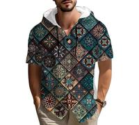 Camisa con Capucha de algodón y Lino para Hombre con Estampado gráfico de Mandalas y Flores de Paisley Estampado Bohemio étnico Floral en Espiral Manga Corta Abotonada Prenda Informal para Vacaciones