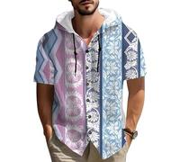 Camisa con Capucha de algodón y Lino para Hombre con Estampado gráfico de Mandalas y Flores de Paisley Estampado Bohemio étnico Floral en Espiral Manga Corta Abotonada Prenda Informal para Vacaciones