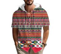 Camisa con Capucha de Lino de algodón de impresión de patrón étnico Retro para Hombres Manga Corta botón Abajo Playa Casual al Aire Libre Verano Viaje con Capucha Blusa