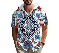 Camisa con Capucha de Lino de algodón de impresión de patrón étnico Retro para Hombres Manga Corta botón Abajo Playa Casual al Aire Libre Verano Viaje con Capucha Blusa
