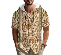 Camisa con Capucha de Lino de algodón de impresión de patrón étnico Retro para Hombres Manga Corta botón Abajo Playa Casual al Aire Libre Verano Viaje con Capucha Blusa