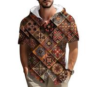 Camisa con Capucha de Lino de algodón de impresión de patrón étnico Retro para Hombres Manga Corta botón Abajo Playa Casual al Aire Libre Verano Viaje con Capucha Blusa
