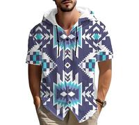 Camisa con Capucha de Lino de algodón de impresión de patrón étnico Retro para Hombres Manga Corta botón Abajo Playa Casual al Aire Libre Verano Viaje con Capucha Blusa