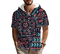 Camisa con Capucha de Lino de algodón de impresión de patrón étnico Retro para Hombres Manga Corta botón Abajo Playa Casual al Aire Libre Verano Viaje con Capucha Blusa