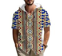 Camisa con Capucha de Lino de algodón de impresión de patrón étnico Retro para Hombres Manga Corta botón Abajo Playa Casual al Aire Libre Verano Viaje con Capucha Blusa