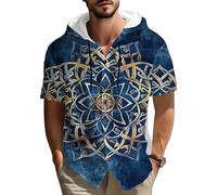 Camisa con Capucha de Lino de algodón de impresión de patrón étnico Retro para Hombres Manga Corta botón Abajo Playa Casual al Aire Libre Verano Viaje con Capucha Blusa