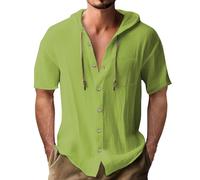 Camisa con capucha para hombre: camisas de lino de manga larga con botones, camisas de playa con bolsillo en el pecho, sudadera ligera con capucha con cordón, sudadera con capucha holgada, casual