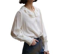 Camisa con Cuello de Encaje para Mujer, Camisa romántica con diseño Plisado y Solapa de Primavera, Top de Lyocell - Blanco Roto (Amarillento) - XS