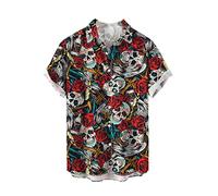 Camisa con Estampado 3D para Hombre Camisas de Solapa de Manga Corta con Calavera de Rosa Retro Camisa de Playa con Botones Regulares de Verano Camisetas Hawaianas Informales