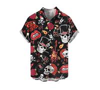 Camisa con Estampado 3D para Hombre Camisas de Solapa de Manga Corta con Calavera de Rosa Retro Camisa de Playa con Botones Regulares de Verano Camisetas Hawaianas Informales