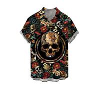 Camisa con Estampado 3D para Hombre Camisas de Solapa de Manga Corta con Calavera de Rosa Retro Camisa de Playa con Botones Regulares de Verano Camisetas Hawaianas Informales