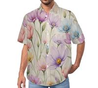 Camisa con Estampado 3D para Hombre Camisas de Solapa de Manga Corta con Flores Silvestres Acuarela Flores Pintadas A Mano, Camisa de Playa con Botones Regulares de Verano Informales