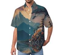 Camisa con Estampado 3D para Hombre Camisas de Solapa de Manga Corta con Montañas Luna Paisaje De Japón, Camisa de Playa con Botones Regulares de Verano Informales