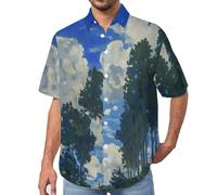 Camisa con Estampado 3D para Hombre Camisas de Solapa de Manga Corta con Nubes Y Álamos Pintura Al Óleo, Camisa de Playa con Botones Regulares de Verano Informales