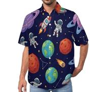 Camisa con Estampado 3D para Hombre Camisas de Solapa de Manga Corta con Planeta Astronauta Dibujos Animados, Camisa de Playa con Botones Regulares de Verano Informales