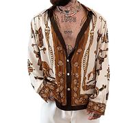 Camisa con Estampado Retro Creativo para Hombres Camisas De Manga Larga Sueltas con Estampado De Moda para Primavera y Otoño Color1 L