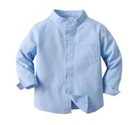 Camisa Corbata Primavera Chicos Camisa de Color Sólido de Pie Manga Larga de Un solo pecho Algodón Chaqueta de Punto Niños Camisa Vintage Camiseta Hombre, azul, 5-6 años